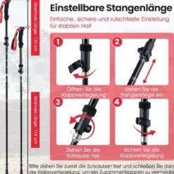Faltbare Trekkingstöcke mit Schnellverschluss Wanderstöcke für 166-195 cm Körpergröße Rot