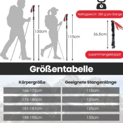 Faltbare Trekkingstöcke mit Schnellverschluss Wanderstöcke für 166-195 cm Körpergröße Rot
