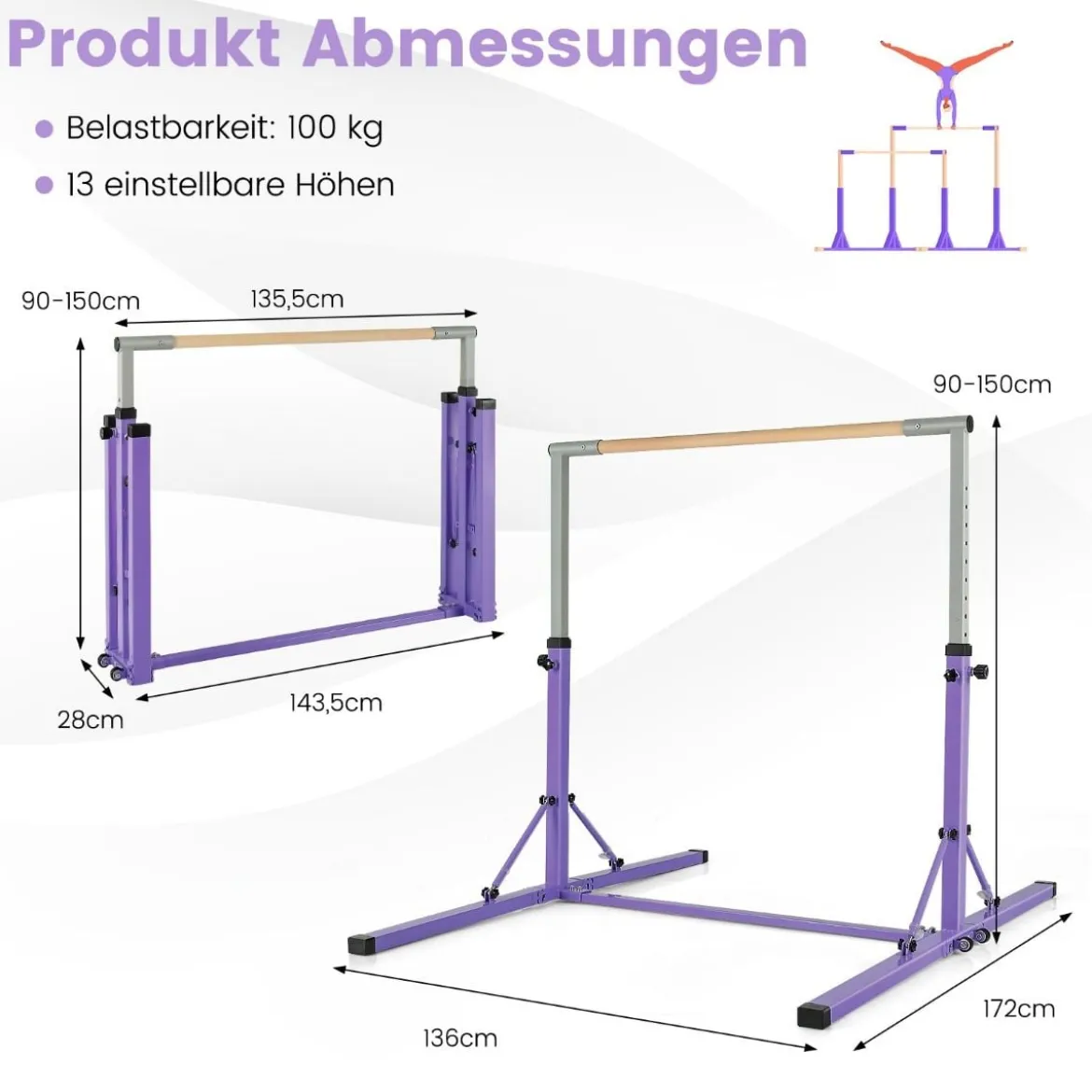 Faltbare Turnstange für Kinder Wackelfreies Heim-Fitnessgerät mit Gymnastikmatte Violett