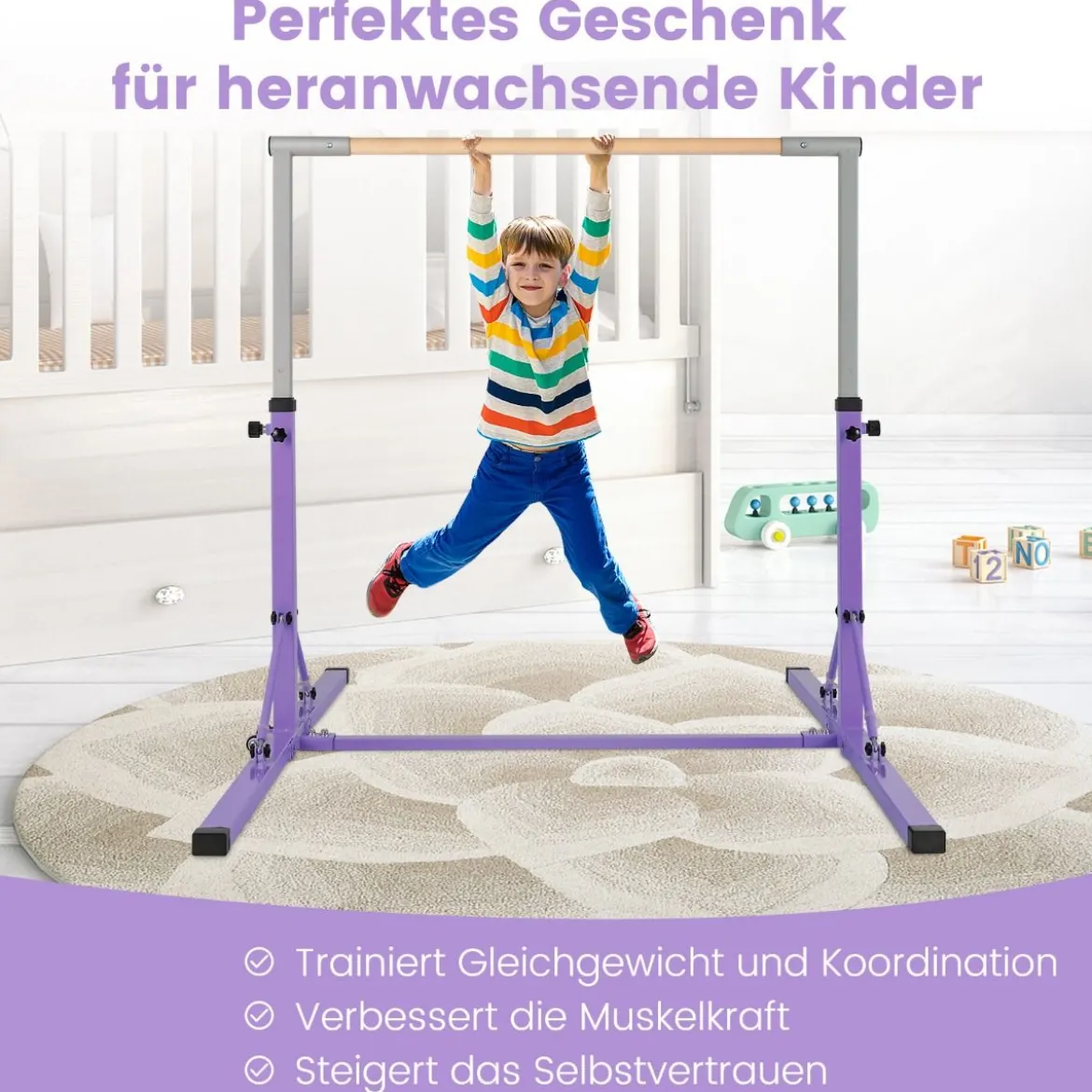 Faltbare Turnstange für Kinder Wackelfreies Heim-Fitnessgerät mit Gymnastikmatte Violett