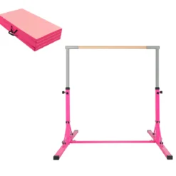 Faltbare Turnstange für Kinder Wackelfreies Heim-Fitnessgerät mit Gymnastikmatte Rosa