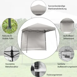 Faltpavillon Gartenpavillon mit abnehmbarer Seitenwand Partyzelt höhenverstellbar Grau