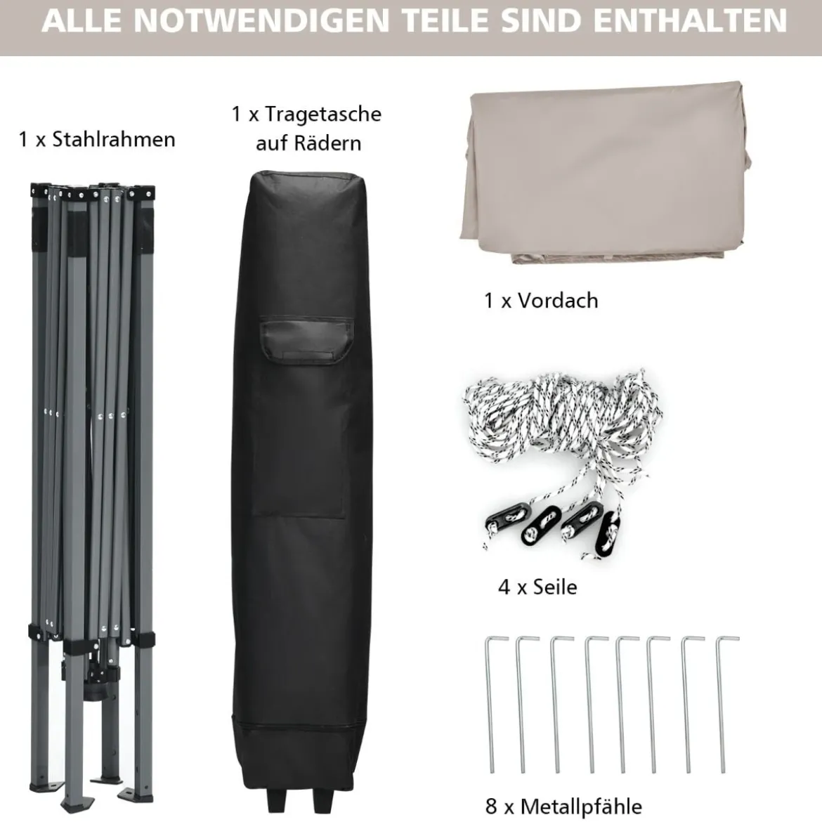 Faltpavillon Gartenpavillon mit abnehmbarer Seitenwand Partyzelt höhenverstellbar Grau