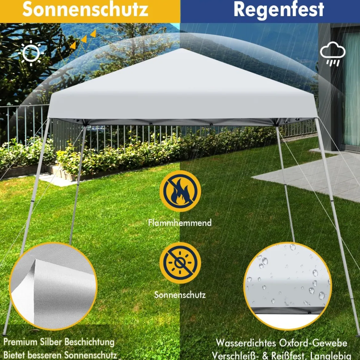 Faltpavillon 3 m x 3 m Großes Aufklappbares Vordach Weiß mit Tragetasche mit 3-stufiger Höhenverstellung