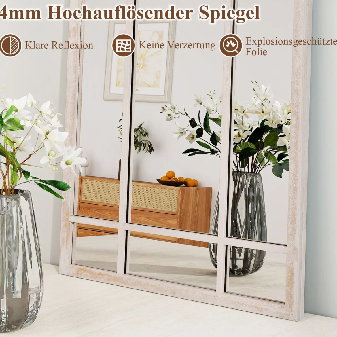 Farmhouse Fensterrahmen Spiegel gewölbter Wandspiegel 83 x 48 x 2 cm Grau