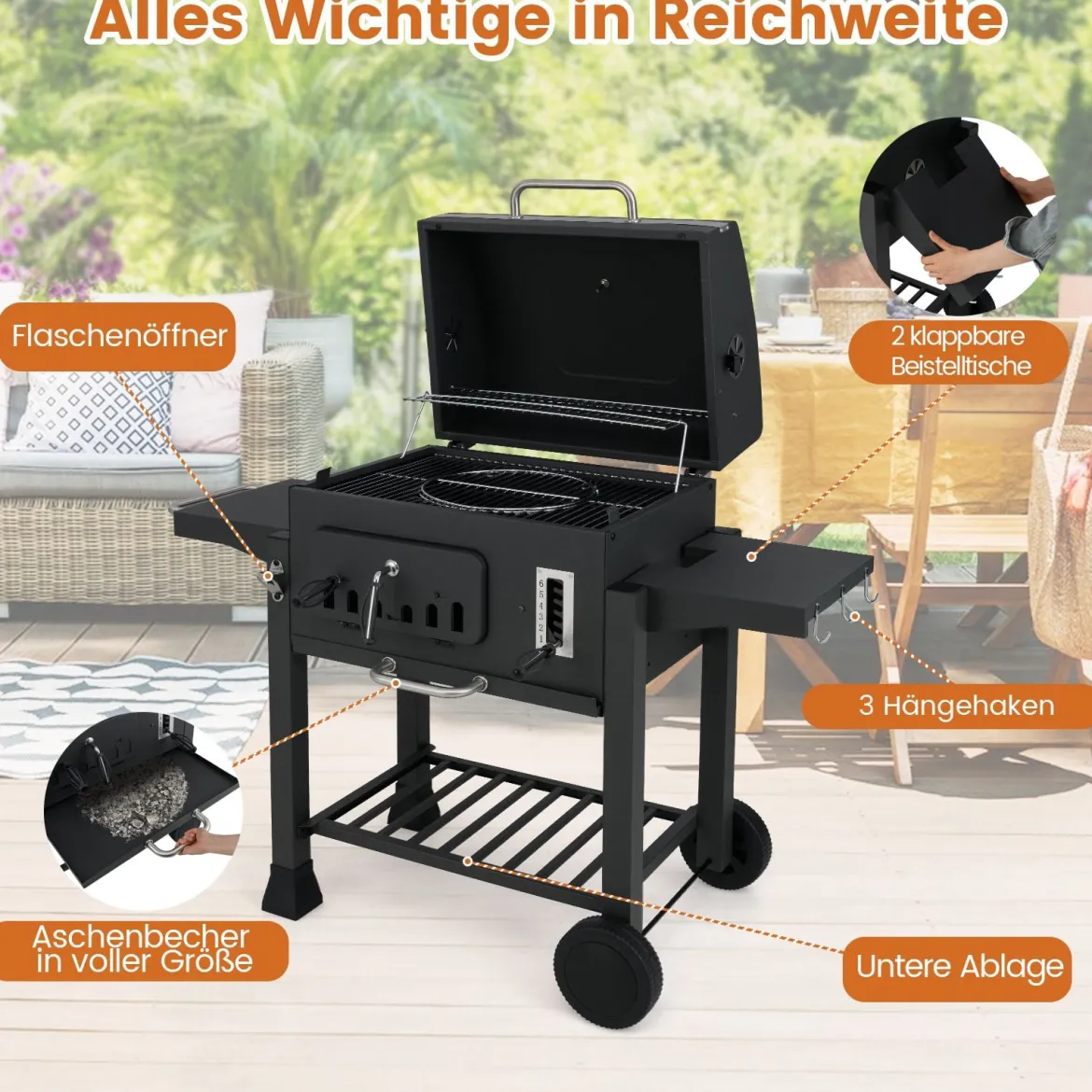 Fass-Holzkohlegrill mit 2 Klappbaren Seitentischen Outdoor-Grill mit Ablagefach & Rädern
