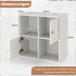 4 Fächern Bücherregal mit Kippschutz & 2 Türen Würfelregal Organizer Raumteiler Weiß