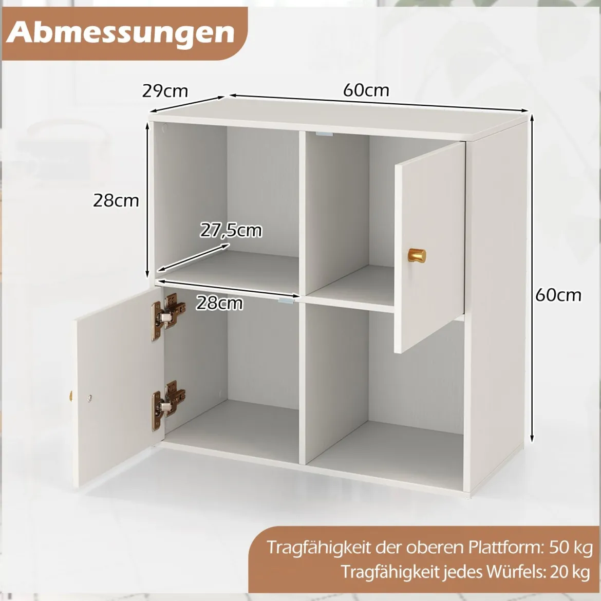 4 Fächern Bücherregal mit Kippschutz & 2 Türen Würfelregal Organizer Raumteiler Weiß