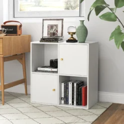 4 Fächern Bücherregal mit Kippschutz & 2 Türen Würfelregal Organizer Raumteiler Weiß