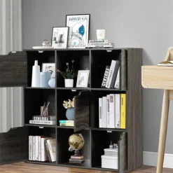 9-Fächer Stauraum Organizer Regal mit Türen freistehendes Holz Bücherregal