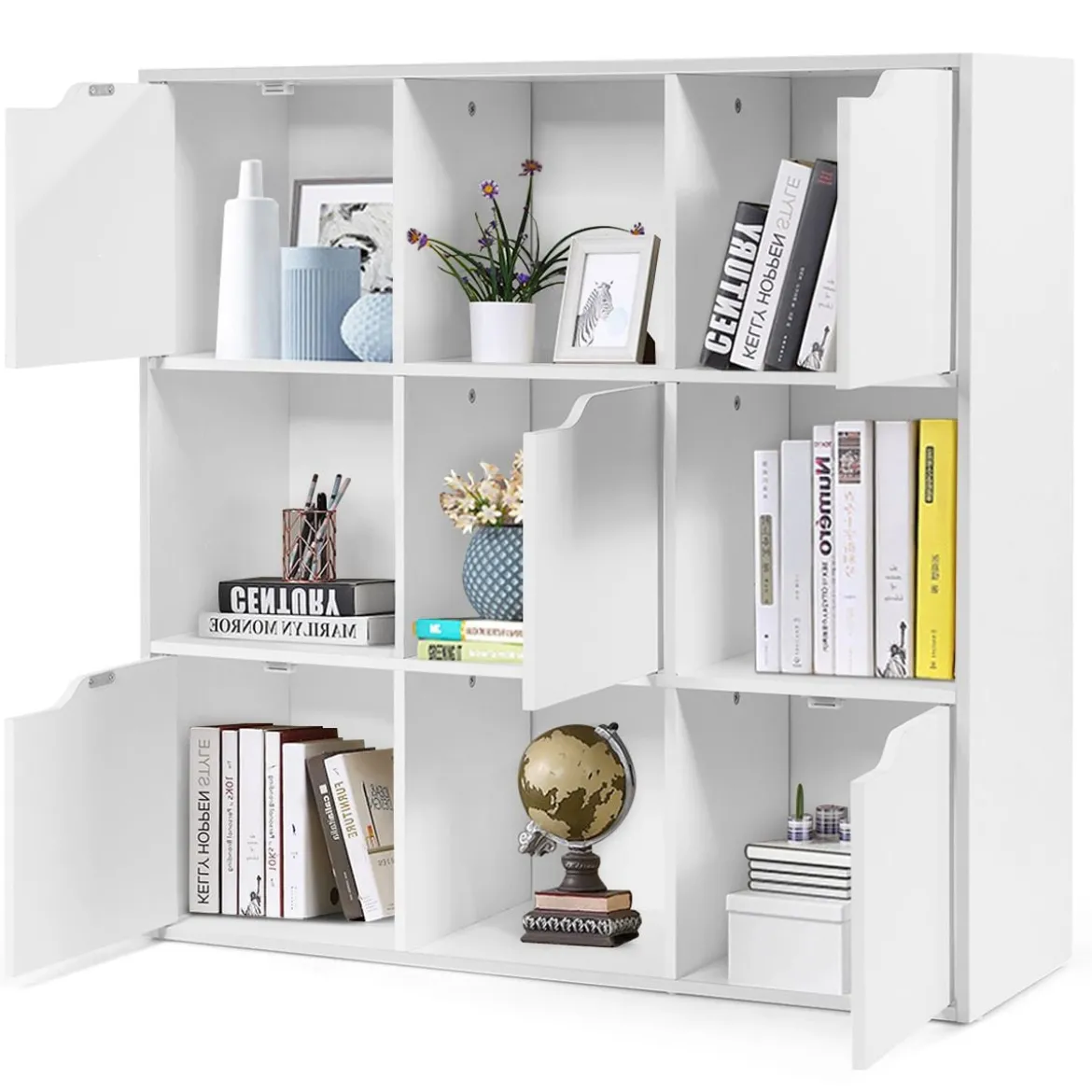 9-Fächer Stauraum Organizer Regal mit Türen freistehendes Holz Bücherregal