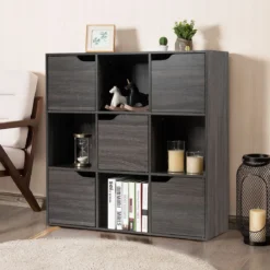 9-Fächer Stauraum Organizer Regal mit Türen freistehendes Holz Bücherregal