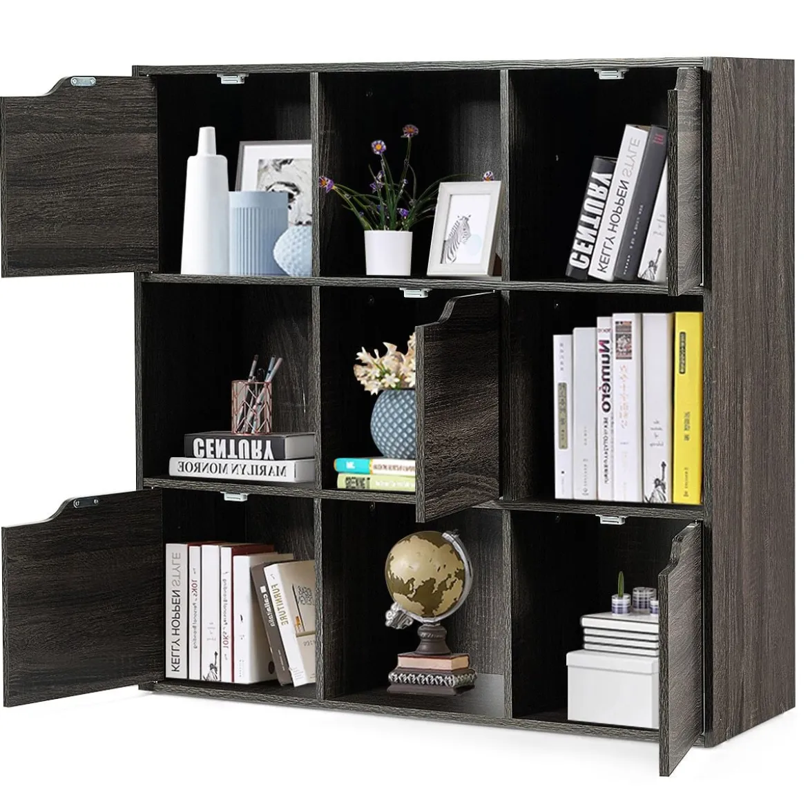 9-Fächer Stauraum Organizer Regal mit Türen freistehendes Holz Bücherregal
