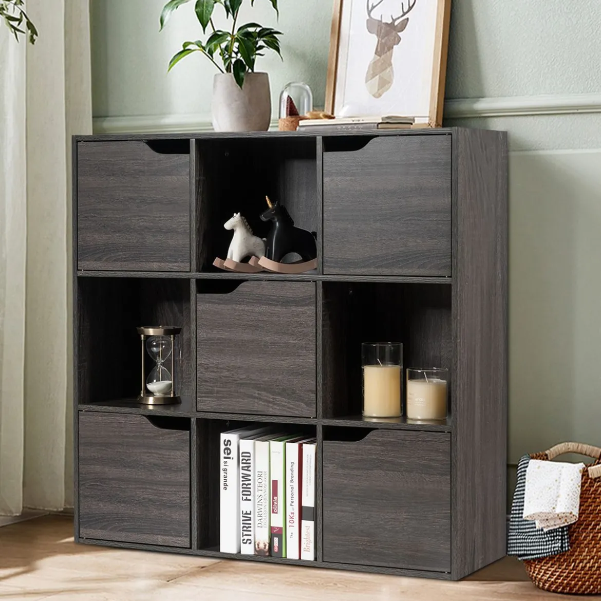 9-Fächer Stauraum Organizer Regal mit Türen freistehendes Holz Bücherregal