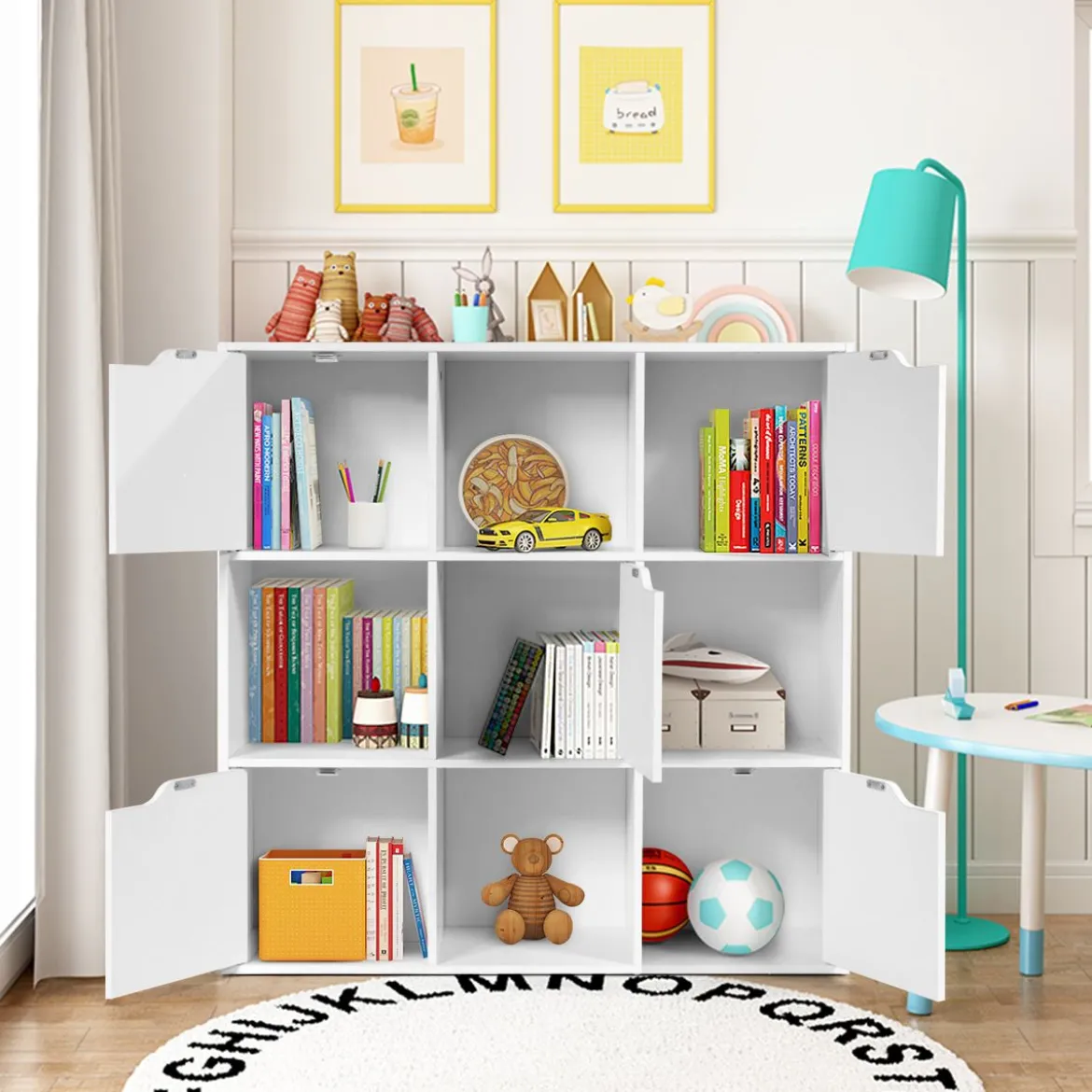 9-Fächer Stauraum Organizer Regal mit Türen freistehendes Holz Bücherregal