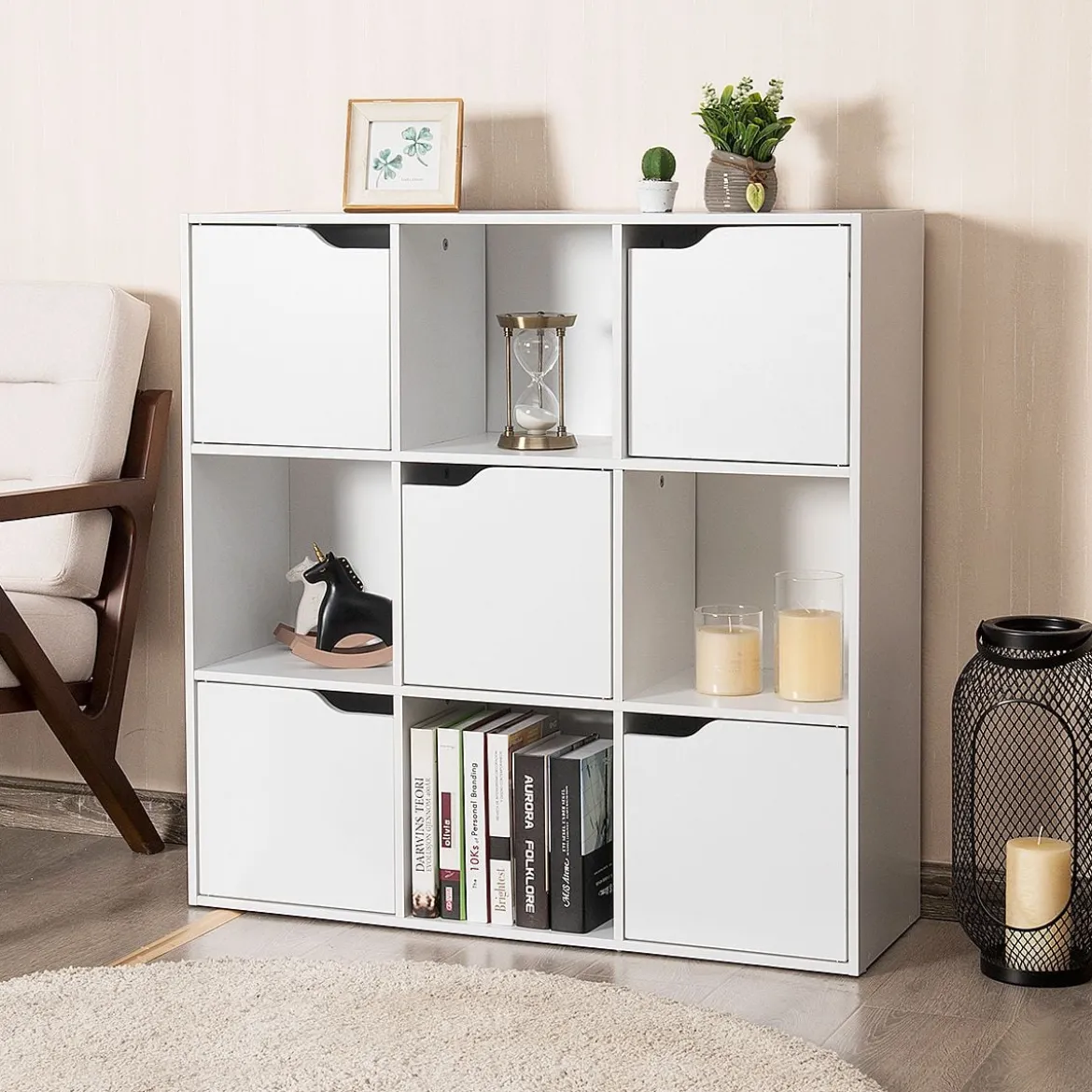 9-Fächer Stauraum Organizer Regal mit Türen freistehendes Holz Bücherregal