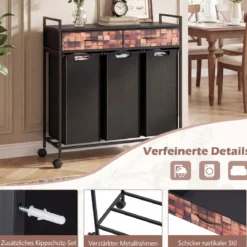 3 Fächer Wäschekorb 135L Rollbar Mit Schubladen Wäschesäcke Für Badezimmer Wohnzimmer Schwarz + Rustikal Braun