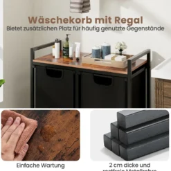2 Fächer Wäschekorb mit Ablage & 2 Abnehmbaren Taschen Wäschesammler 72,5 x 33 x 72 cm