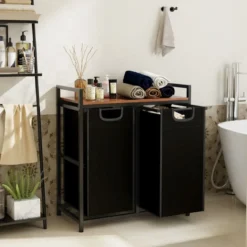2 Fächer Wäschekorb mit Ablage & 2 Abnehmbaren Taschen Wäschesammler 72,5 x 33 x 72 cm