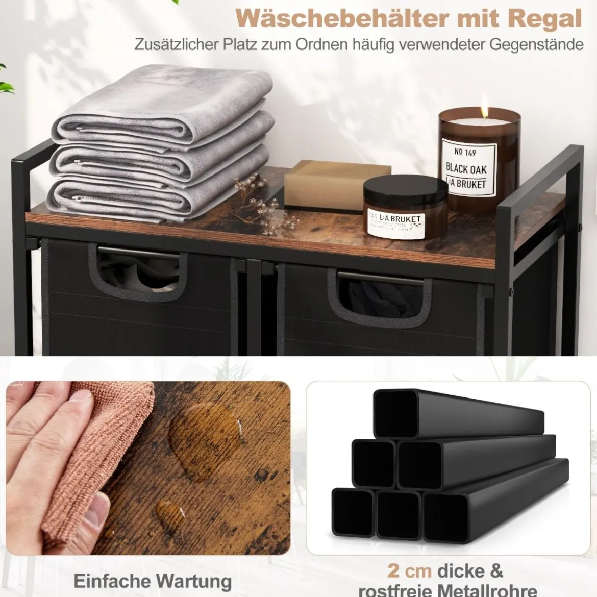 3 Fächer Wäschekorb mit Ablage & 3 Abnehmbaren Taschen Wäschesammler 66,5 x 33 x 72 cm