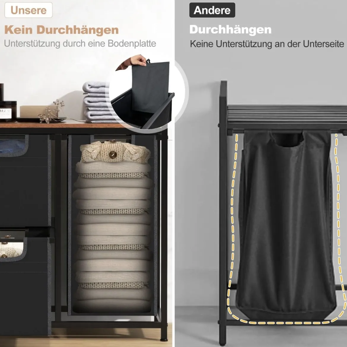 3 Fächer Wäschekorb mit Ablage & 3 Abnehmbaren Taschen Wäschesammler 66,5 x 33 x 72 cm