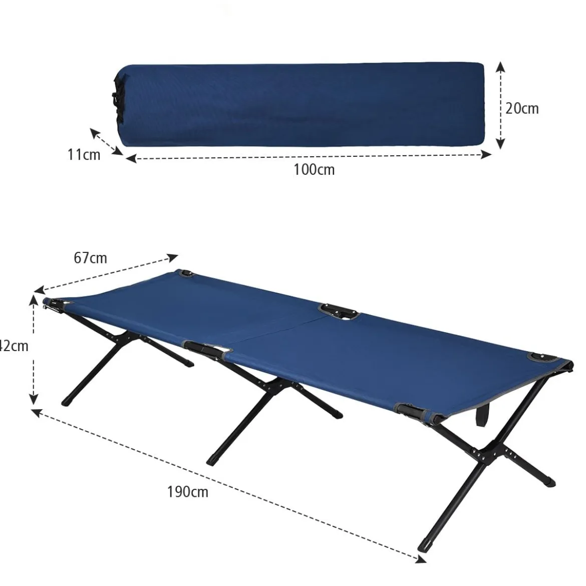 Feldbett Campingbett Metallrahmen Faltbar Klappbett Belastbar bis 135 kg 190 x 67 x 42 cm Blau