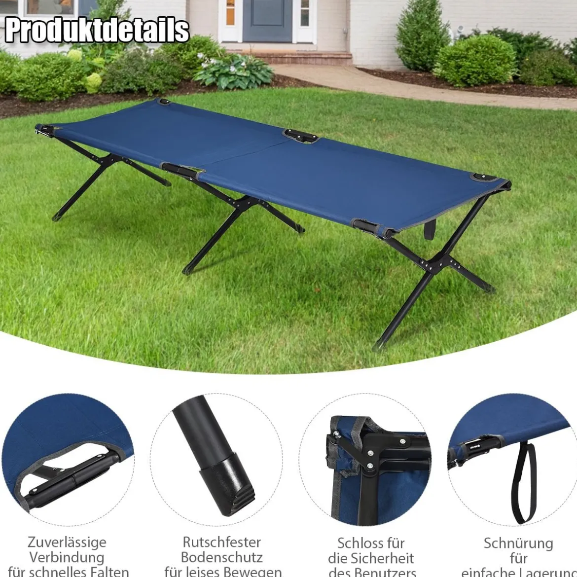Feldbett Campingbett Metallrahmen Faltbar Klappbett Belastbar bis 135 kg 190 x 67 x 42 cm Blau