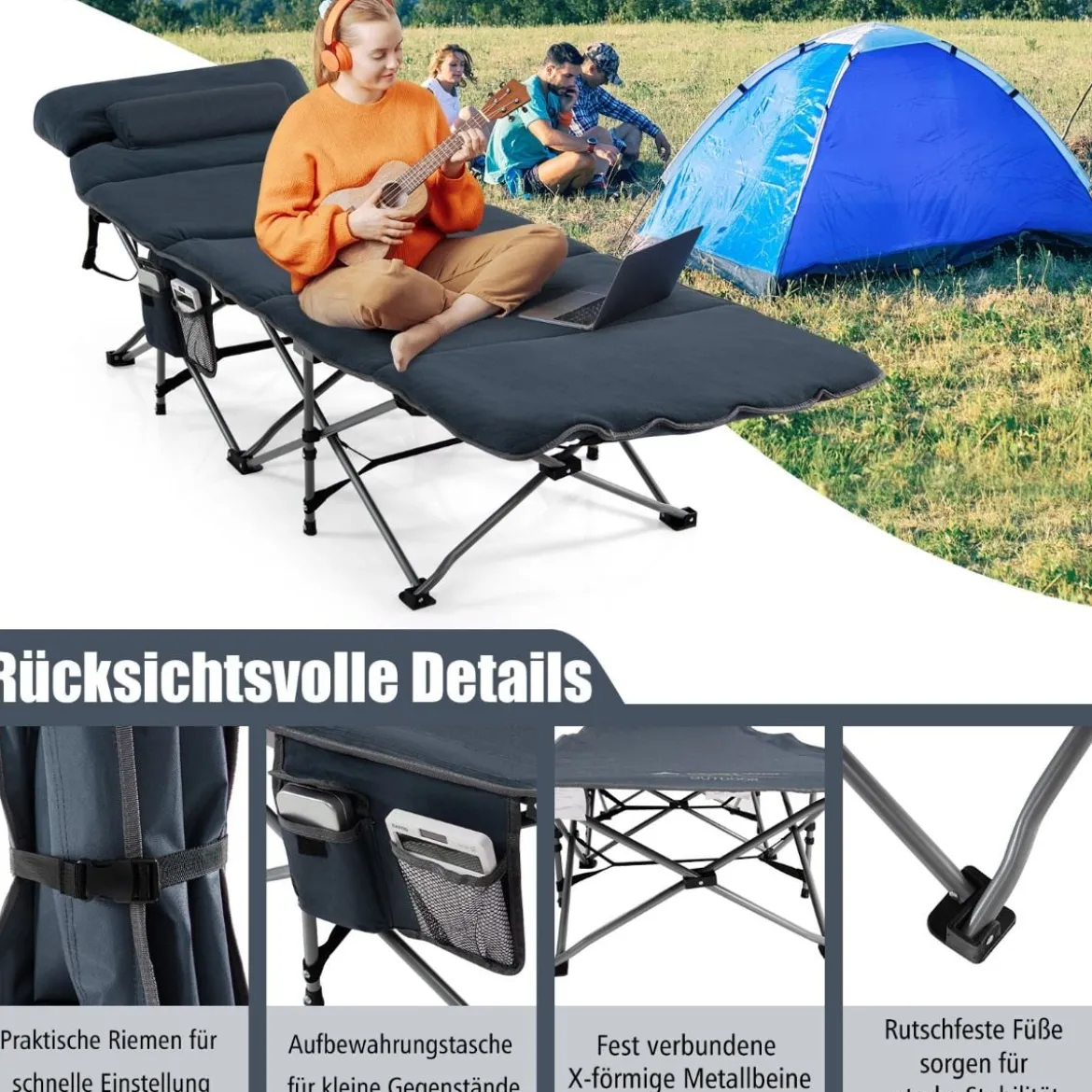 Feldbett Klappbar Campingbett mit Matratze 185 cm x 65 cm x 41–53 cm Blau