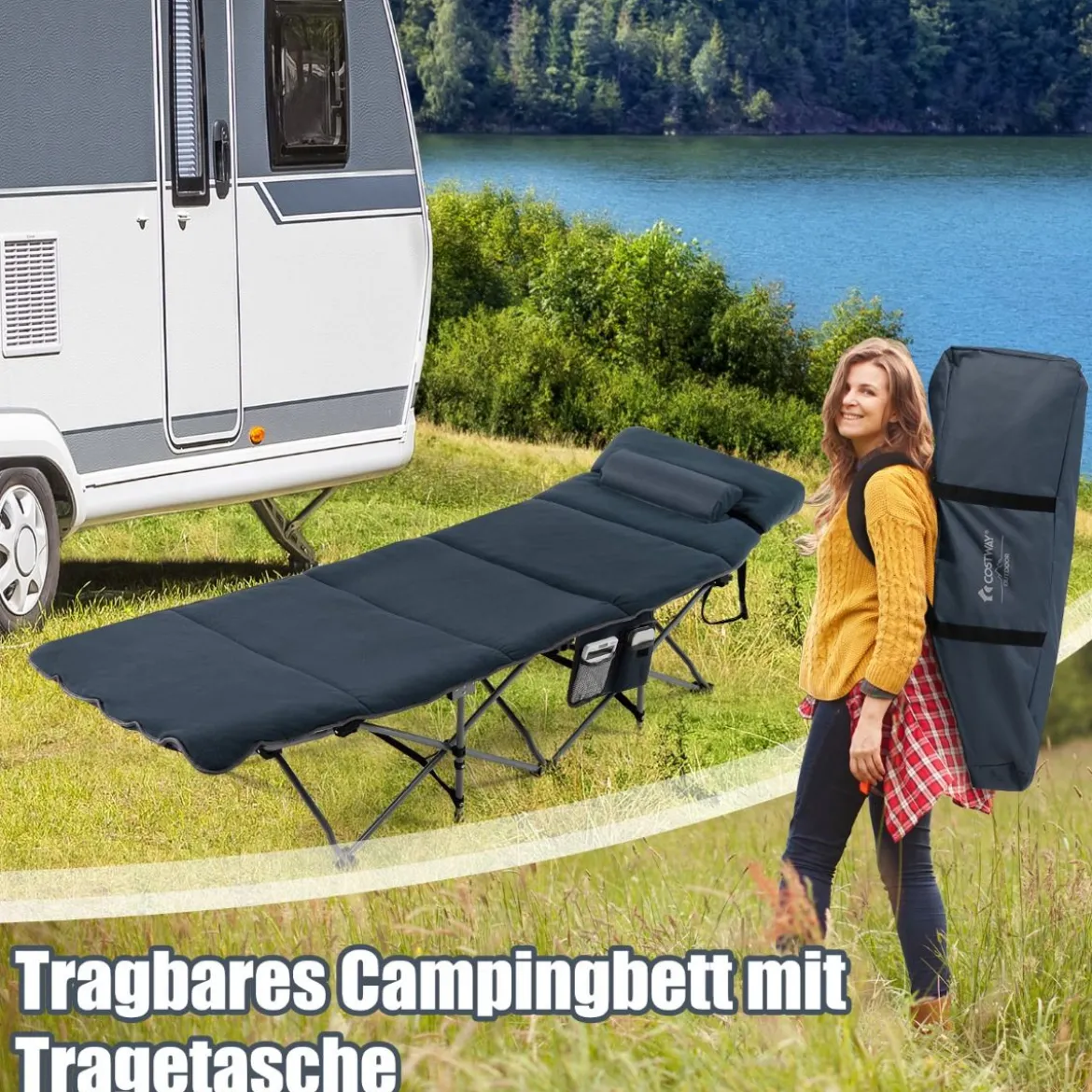 Feldbett Klappbar Campingbett mit Matratze 185 cm x 65 cm x 41–53 cm Blau