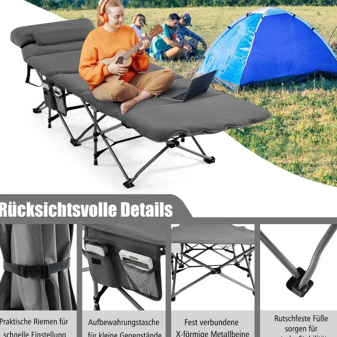 Feldbett Klappbar Campingbett mit Matratze 185 cm x 65 cm x 41–53 cm Grau