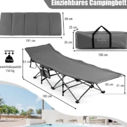 Feldbett Klappbar Campingbett mit Matratze 185 cm x 65 cm x 41–53 cm Grau