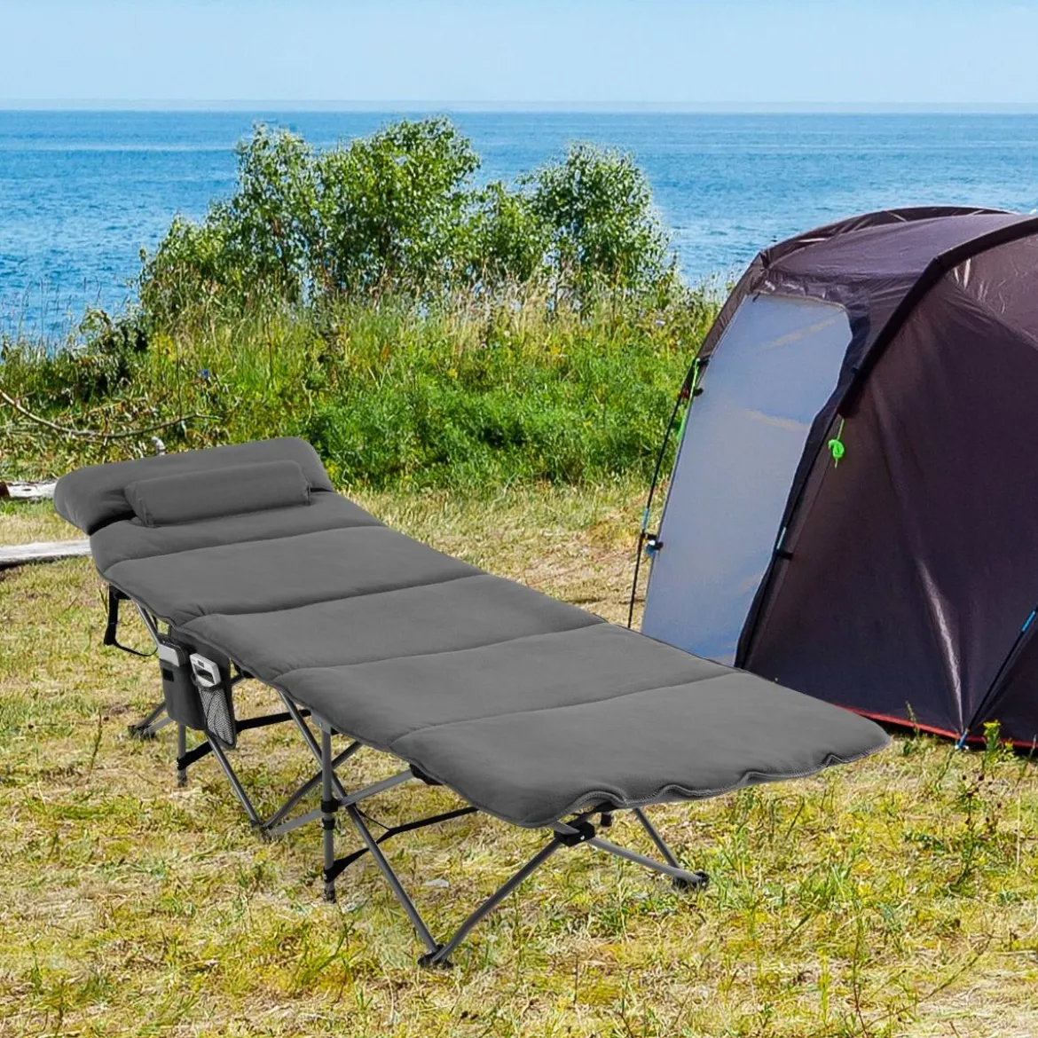 Feldbett Klappbar Campingbett mit Matratze 185 cm x 65 cm x 41–53 cm Grau