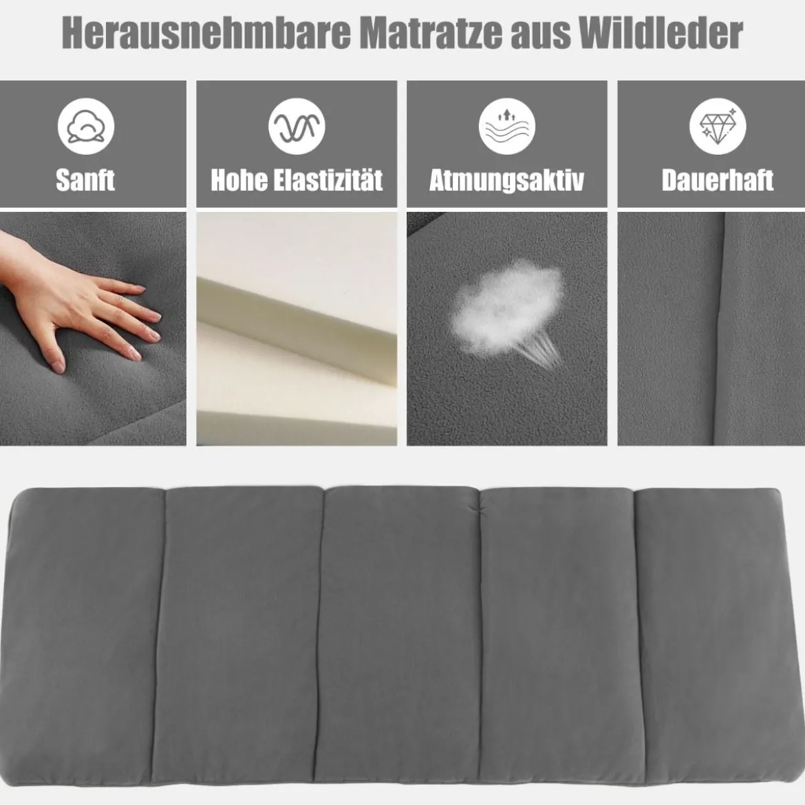 Feldbett Klappbar Campingbett mit Matratze 185 cm x 65 cm x 41–53 cm Grau