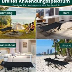 Feldbett klappbar für Erwachsene Campingbett mit 10-Punkt-Stützensystem Seitentasche & Tragetasche Schwarz