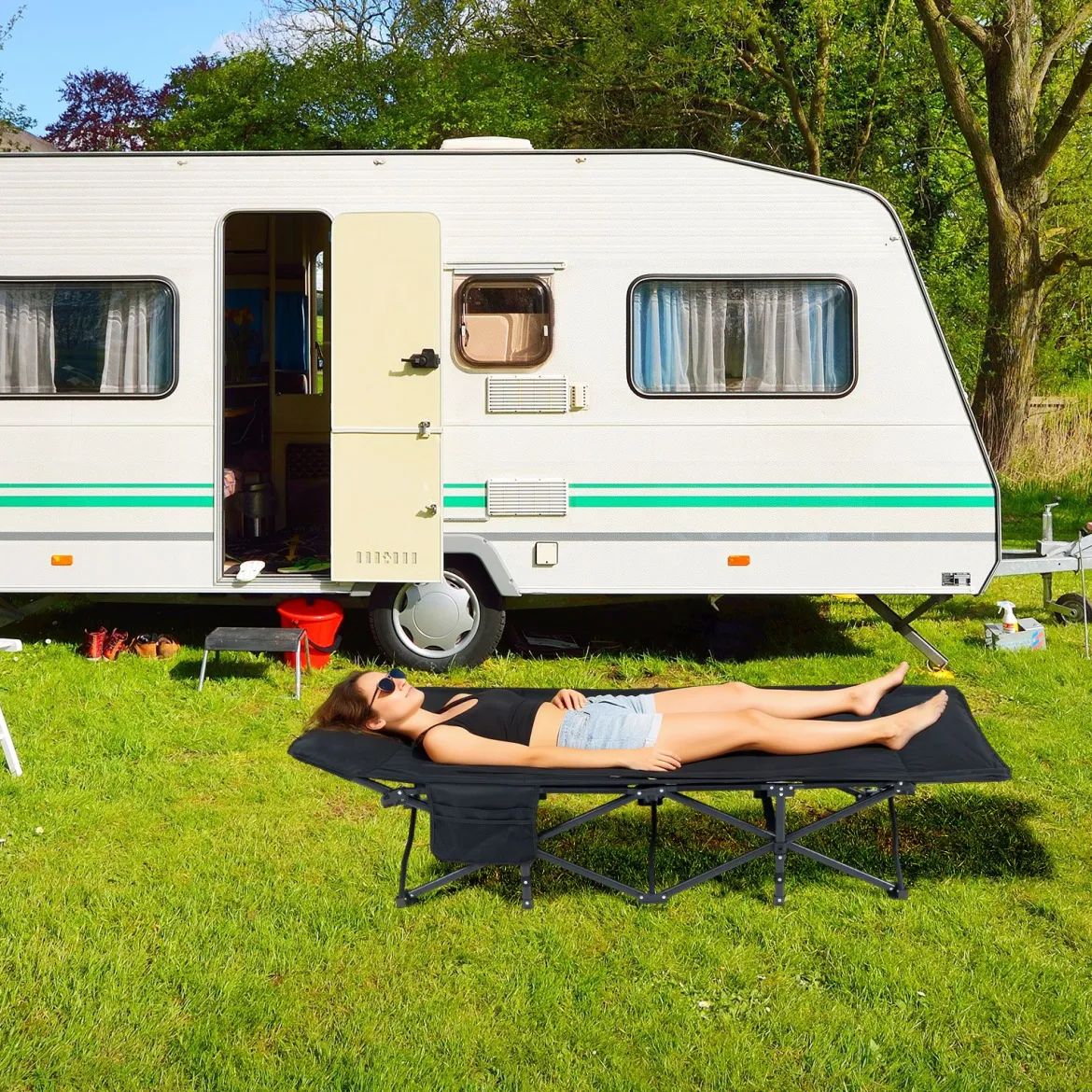 Feldbett klappbar für Erwachsene Campingbett mit 10-Punkt-Stützensystem Seitentasche & Tragetasche Schwarz