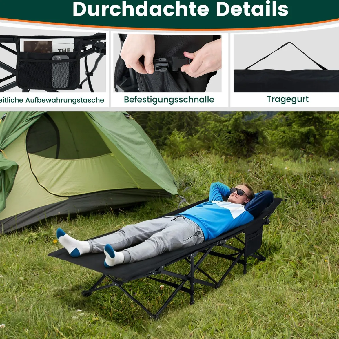 Feldbett klappbar für Erwachsene Campingbett mit 10-Punkt-Stützensystem Seitentasche & Tragetasche Schwarz
