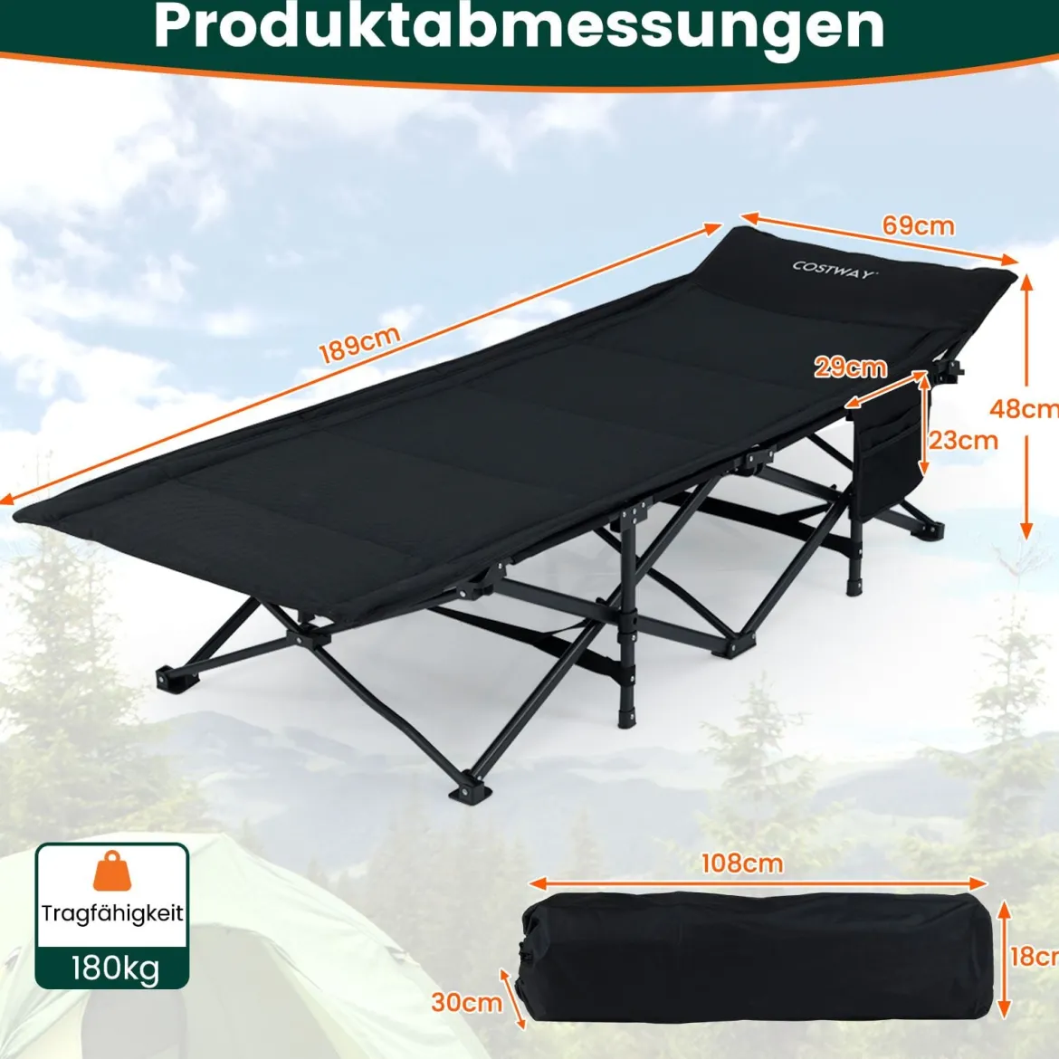 Feldbett klappbar für Erwachsene Campingbett mit 10-Punkt-Stützensystem Seitentasche & Tragetasche Schwarz