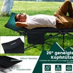 Feldbett klappbar für Erwachsene Campingbett mit 10-Punkt-Stützensystem Seitentasche & Tragetasche Schwarz