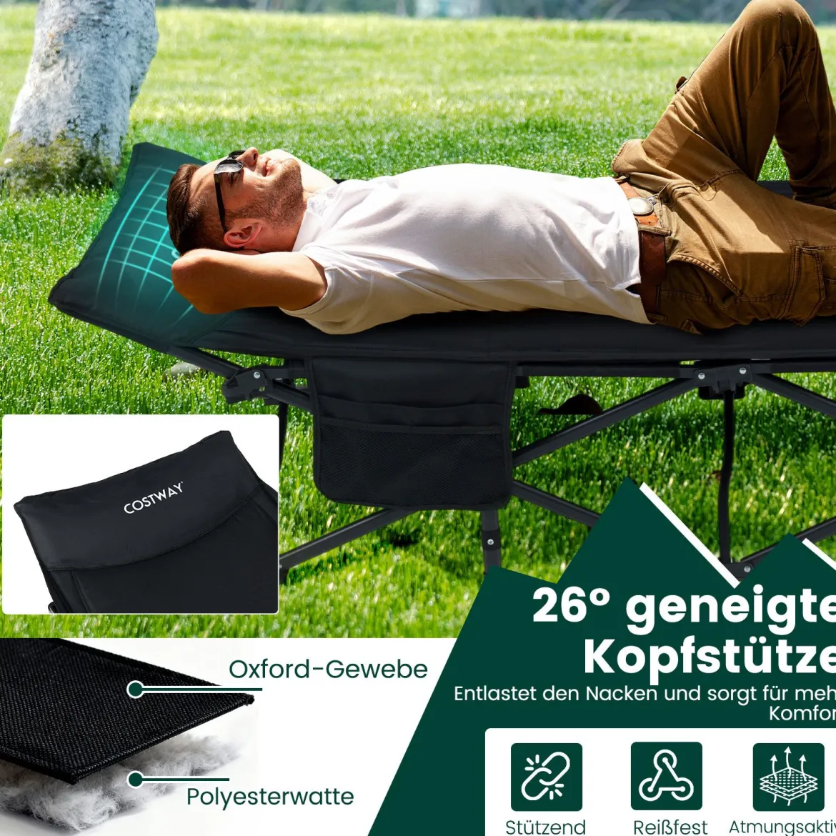 Feldbett klappbar für Erwachsene Campingbett mit 10-Punkt-Stützensystem Seitentasche & Tragetasche Schwarz