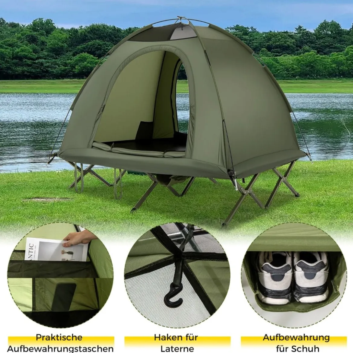 Feldbett mit Zelt für 2 Personen Campingbett mit Regenschutz & 2 Netztüren & Rolltasche