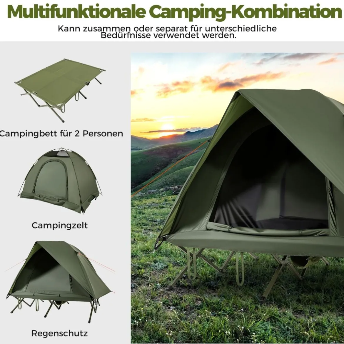 Feldbett mit Zelt für 2 Personen Campingbett mit Regenschutz & 2 Netztüren & Rolltasche