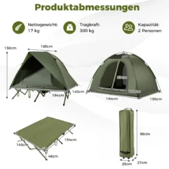 Feldbett mit Zelt für 2 Personen Campingbett mit Regenschutz & 2 Netztüren & Rolltasche