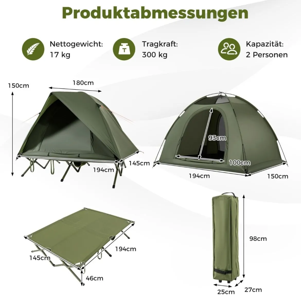 Feldbett mit Zelt für 2 Personen Campingbett mit Regenschutz & 2 Netztüren & Rolltasche