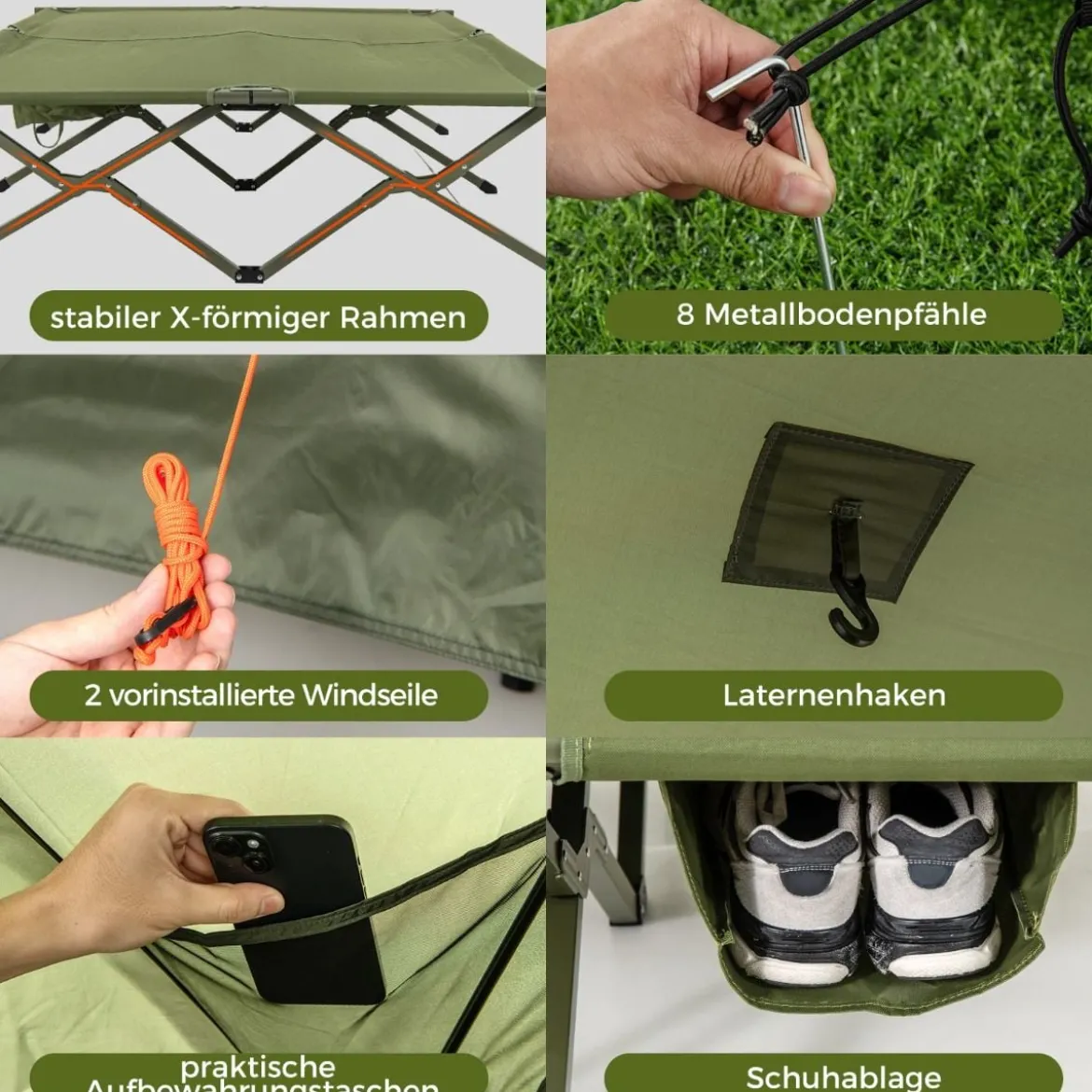 Feldbett mit Zelt für 2 Personen Campingbett mit Regenschutz & 2 Netztüren & Fenster & Rolltasche