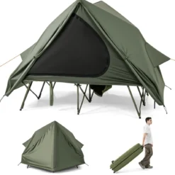 Feldbett mit Zelt für 2 Personen Campingbett mit Regenschutz & 2 Netztüren & Fenster & Rolltasche