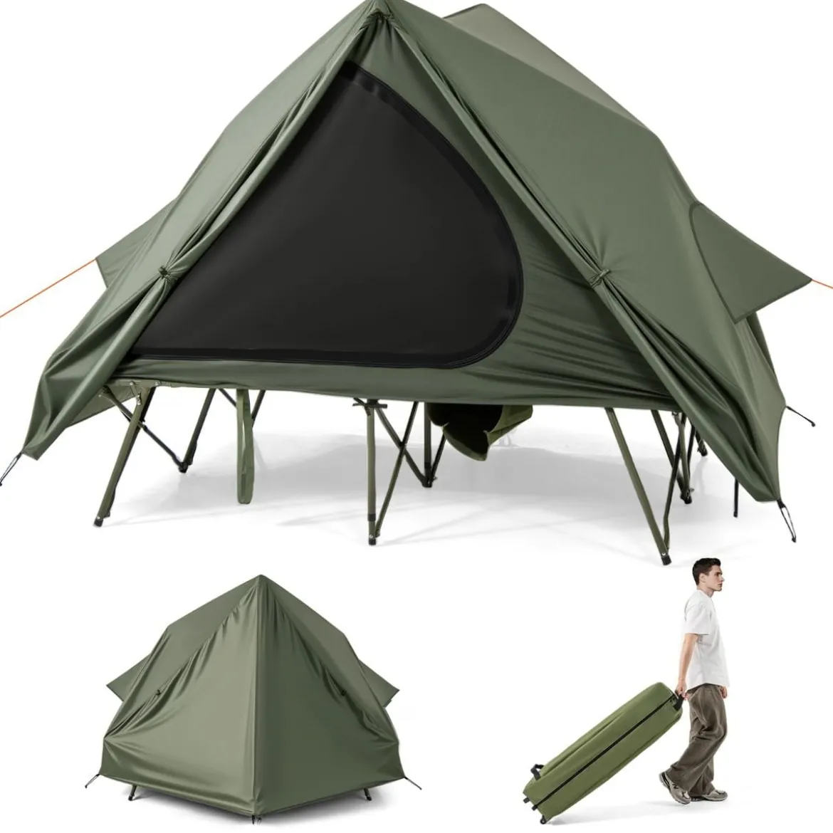 Feldbett mit Zelt für 2 Personen Campingbett mit Regenschutz & 2 Netztüren & Fenster & Rolltasche