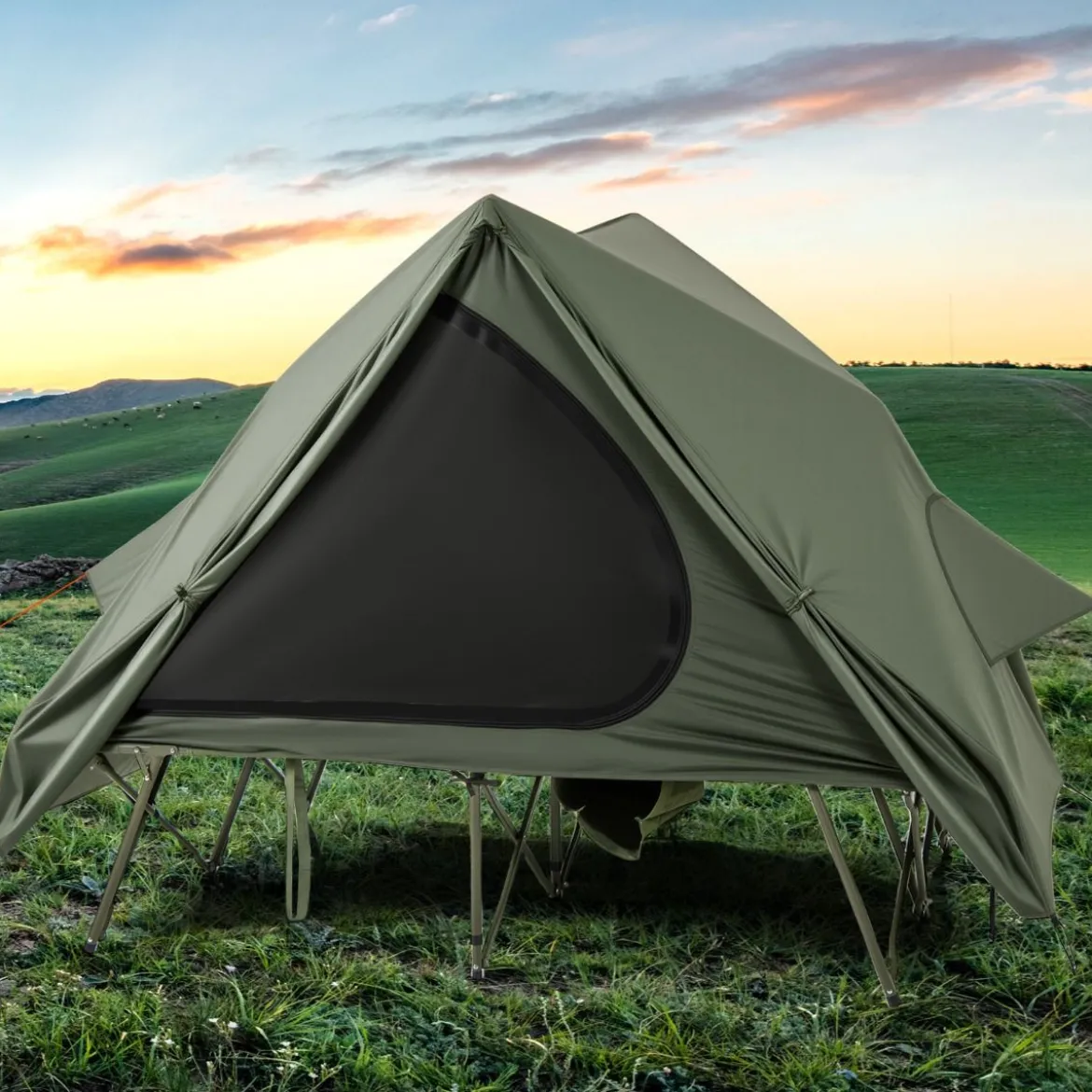 Feldbett mit Zelt für 2 Personen Campingbett mit Regenschutz & 2 Netztüren & Fenster & Rolltasche