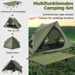 Feldbett mit Zelt für 2 Personen Campingbett mit Regenschutz & 2 Netztüren & Fenster & Rolltasche