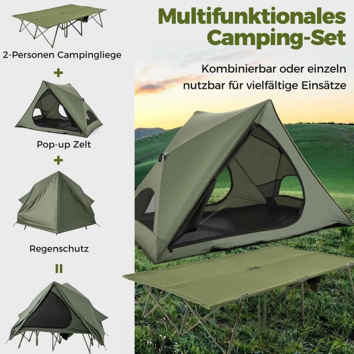 Feldbett mit Zelt für 2 Personen Campingbett mit Regenschutz & 2 Netztüren & Fenster & Rolltasche