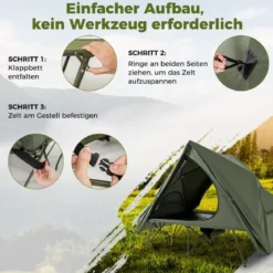 Feldbett mit Zelt für 2 Personen Campingbett mit Regenschutz & 2 Netztüren & Fenster & Rolltasche